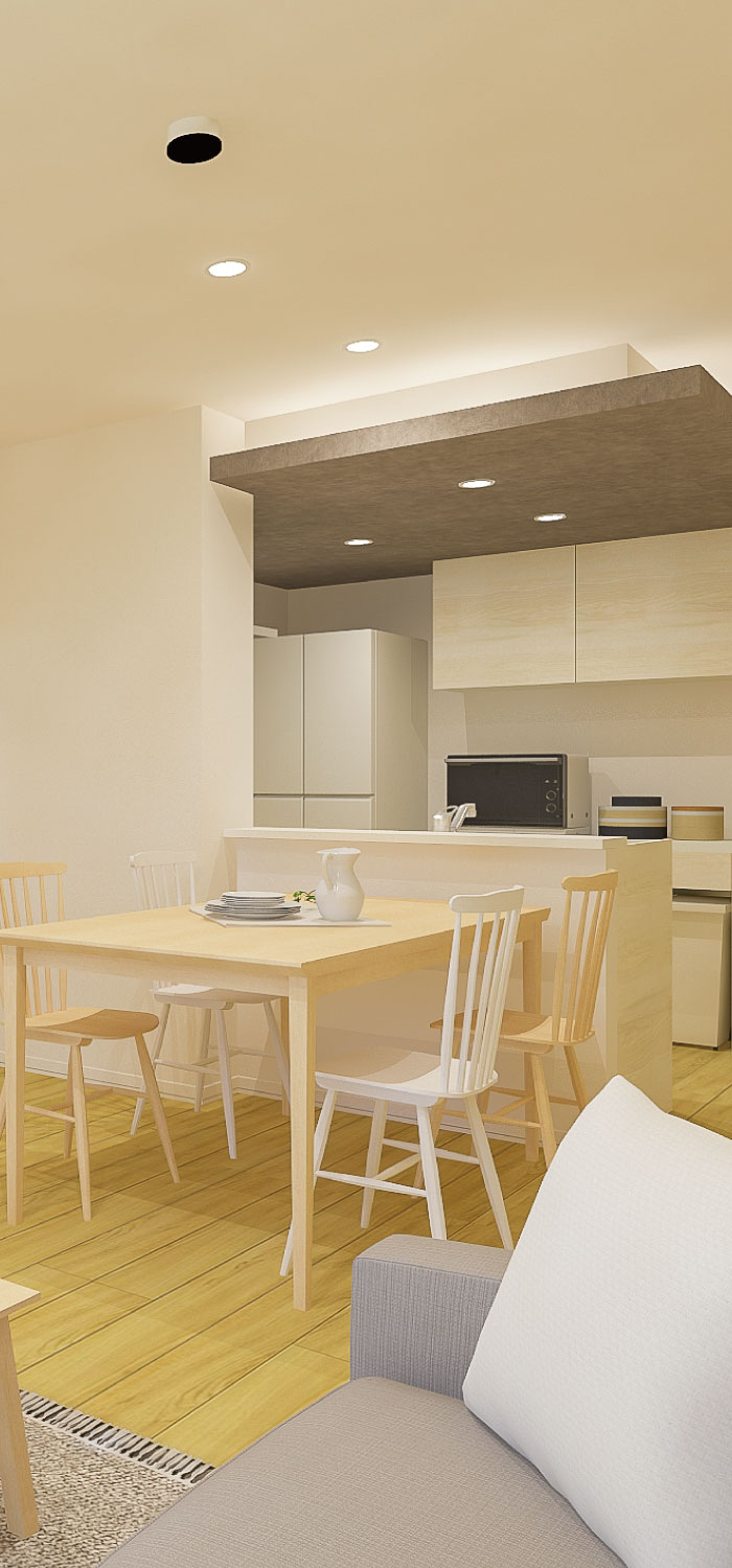 B棟 107号室 Living Dining Kitchen 完成予想パース